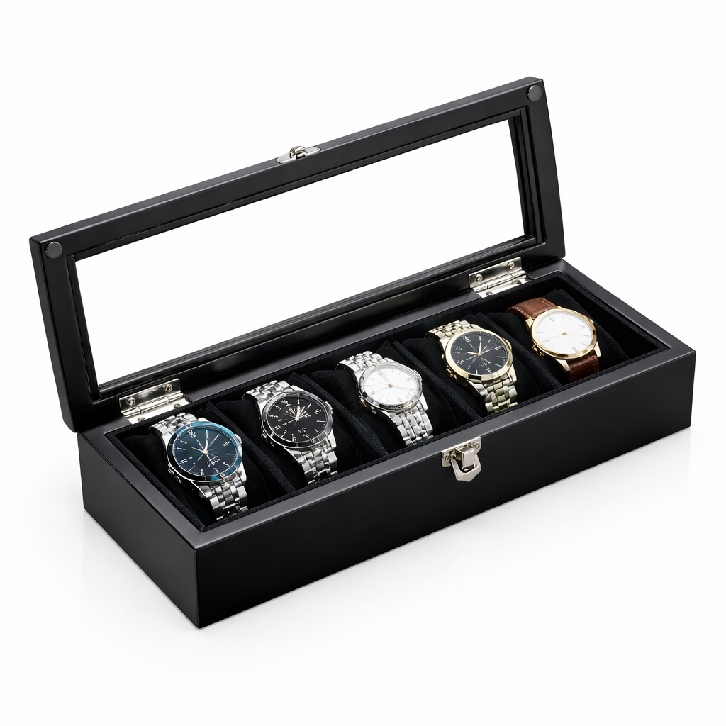 Boîte à montre noire homme cinq montres